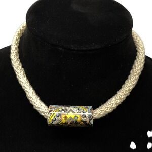 Braided Cord Necklace Cream Multi-Color Boho Chic‎ Patterned Bead Artisan Style